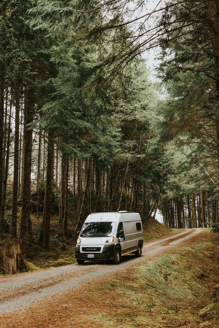 Lounge van driving in the forrest.